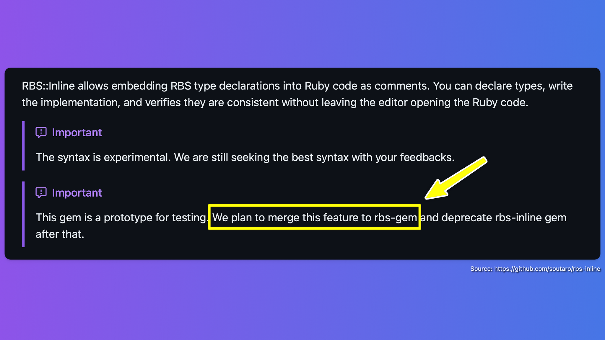 Screenshot of RBS inline gem announcing the plan to merge it to RBS