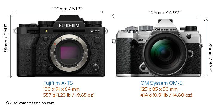 Fujifilm X-T5 size comparison with OM System OM-5, courtesy CameraDecision