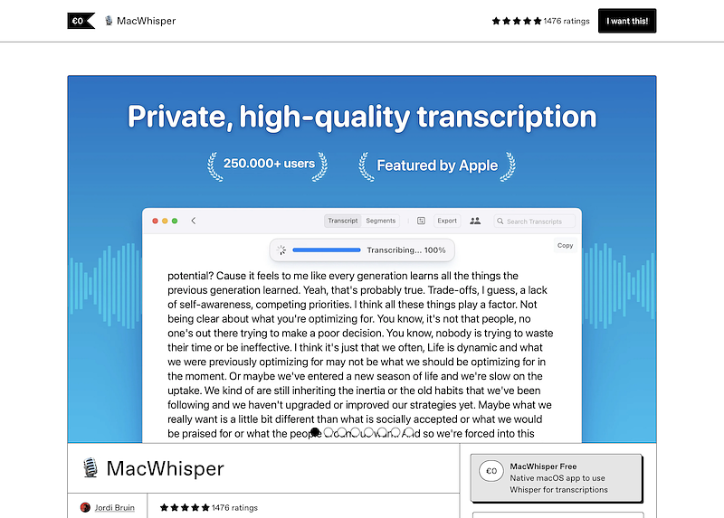 MacWhisper Homepage Screenshot (16.11.2024)