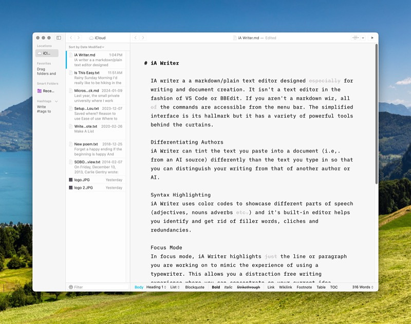 The plain text interface of the Mac app, iA Writer