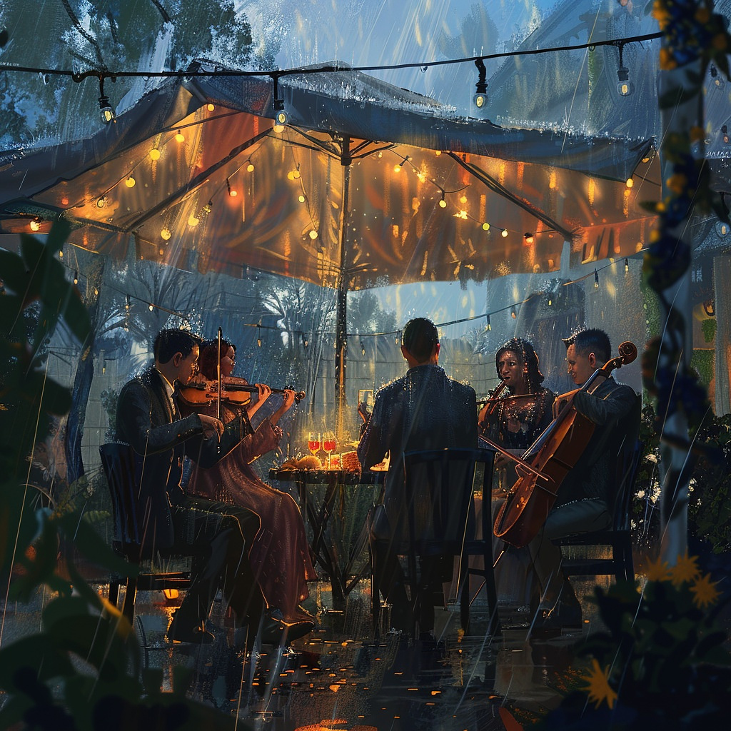 Midjourney prompt: neighbors drinking a glass of wine under a party tent together with a small orchestra in the rain