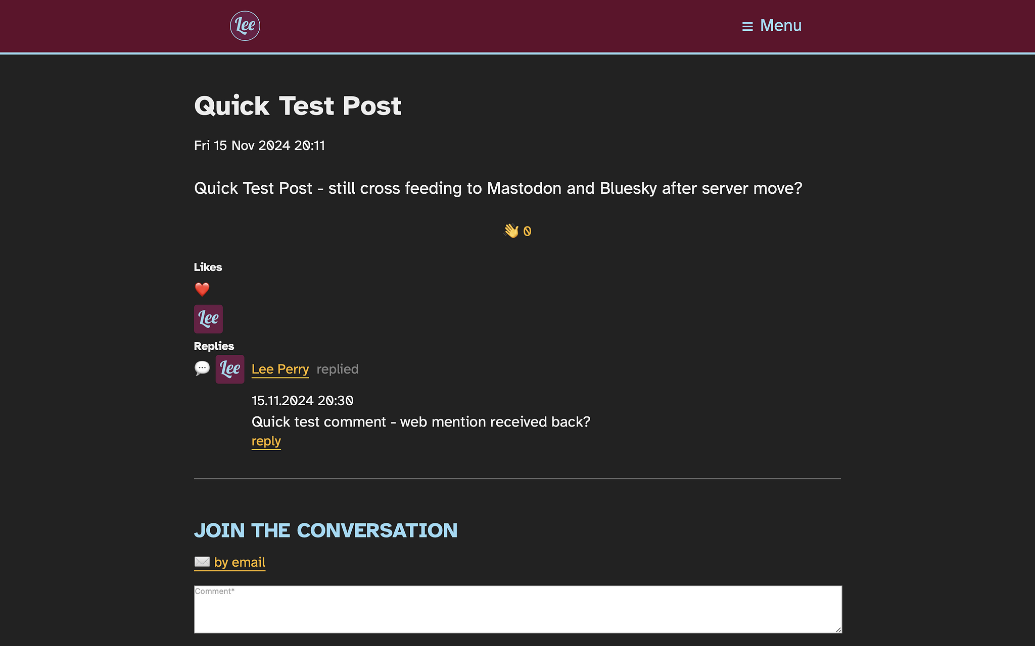 Website screenshot showing webmentions received by the indieconnector Kirby CMS plugin