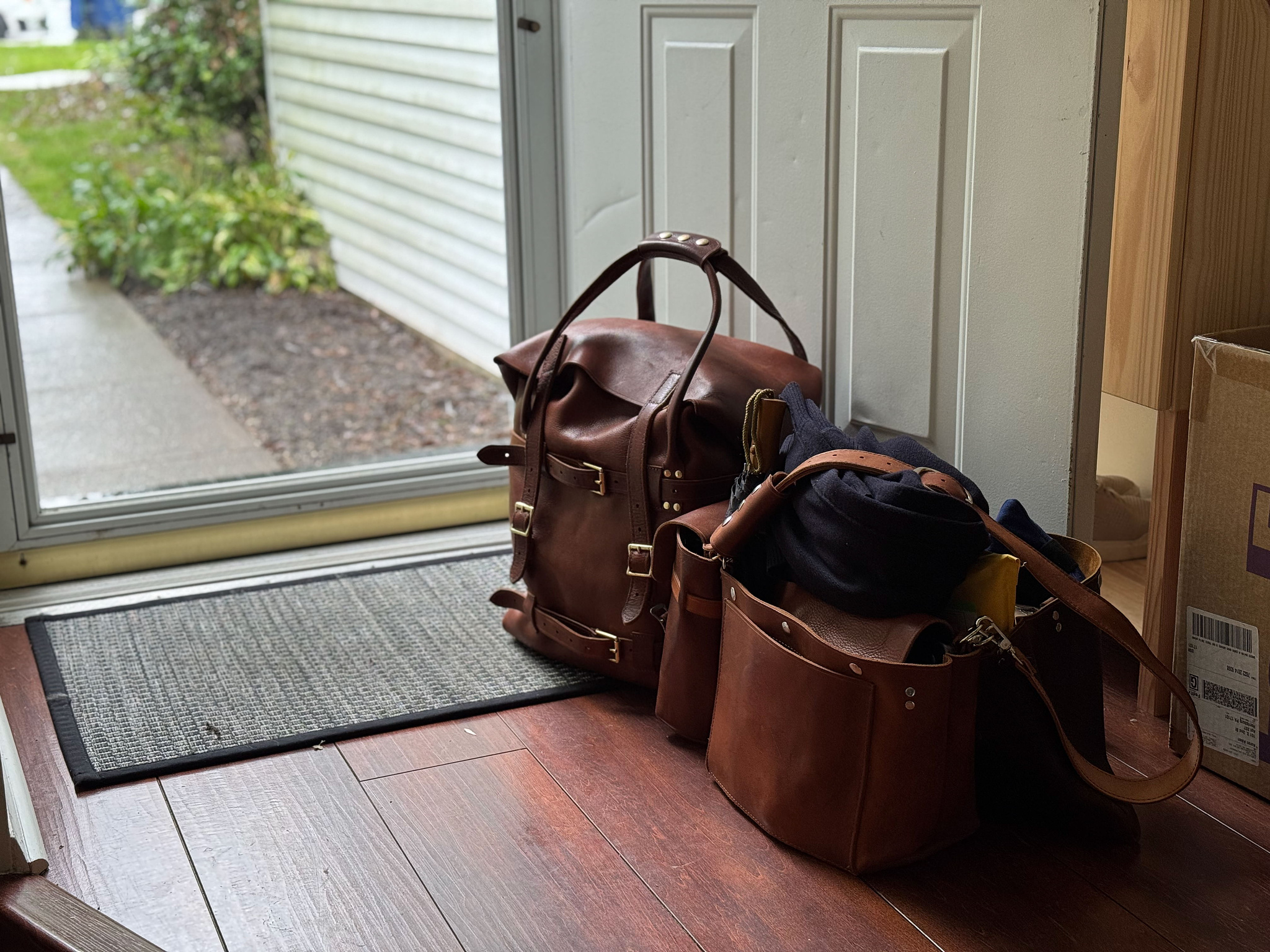 I love making things and I love using what I make. My Strathmere leather weekend bag and Franklin bag packed for the trip.