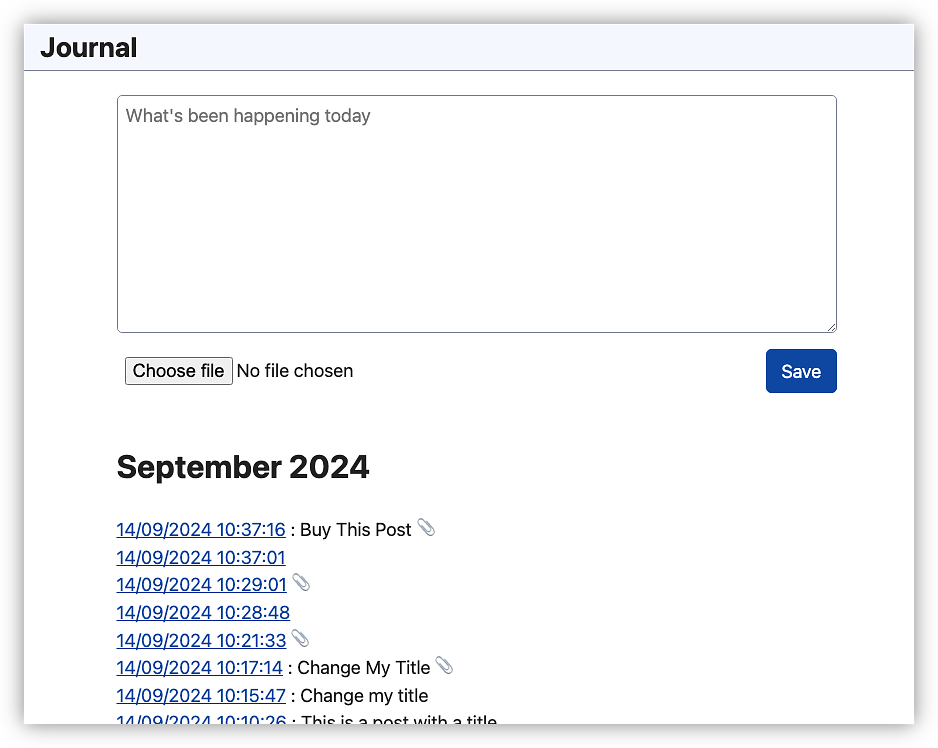 Current version of the index page. Note the posts with titles, which will appear beside the date. The paperclip indicates a post with attachments (usually images).