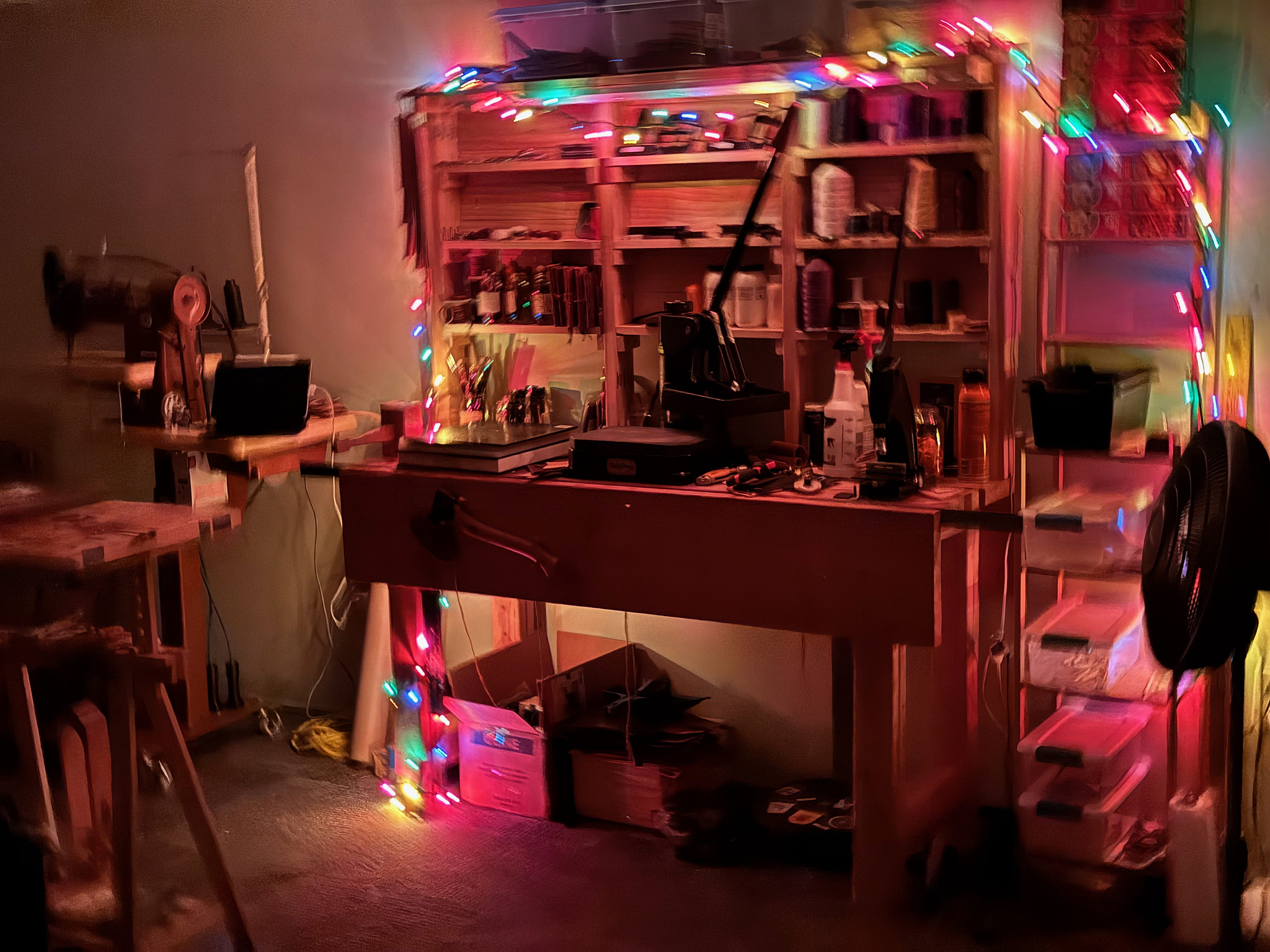 Christmas lights on one of my workbenches