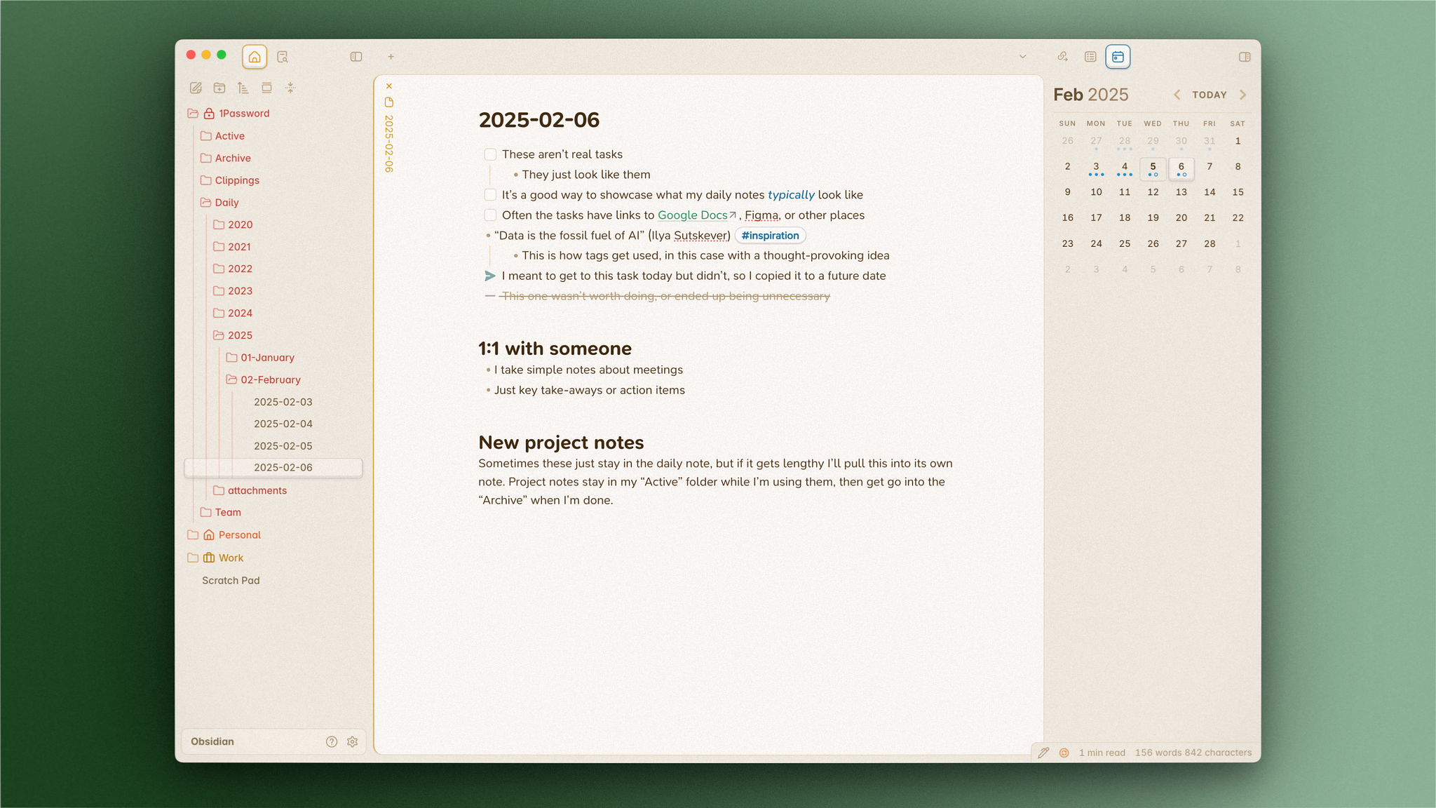 The Obsidian app open to a daily note full of example content, showing a few tasks followed by meeting and project notes. Not too many. Both sidebars are open, showing a simple folder hierarchy on the left and a monthly calendar on the right with indicators for which days have open tasks on them.