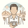 A minimalist line-drawing avatar featuring a man holding a camera. The man has a simple, clean silhouette with dark hair, no detailed facial features, and is surrounded by pastel colors reflecting the Egyptian landscape. The background includes soft outlines of Egyptian landmarks like pyramids and palm trees, while subtle Egyptian food items such as falafel and flatbread are integrated into the design. The color palette features sandy beige, light blues, and warm sunset tones, giving the image a travel and food blog theme with a modern and artistic touch.