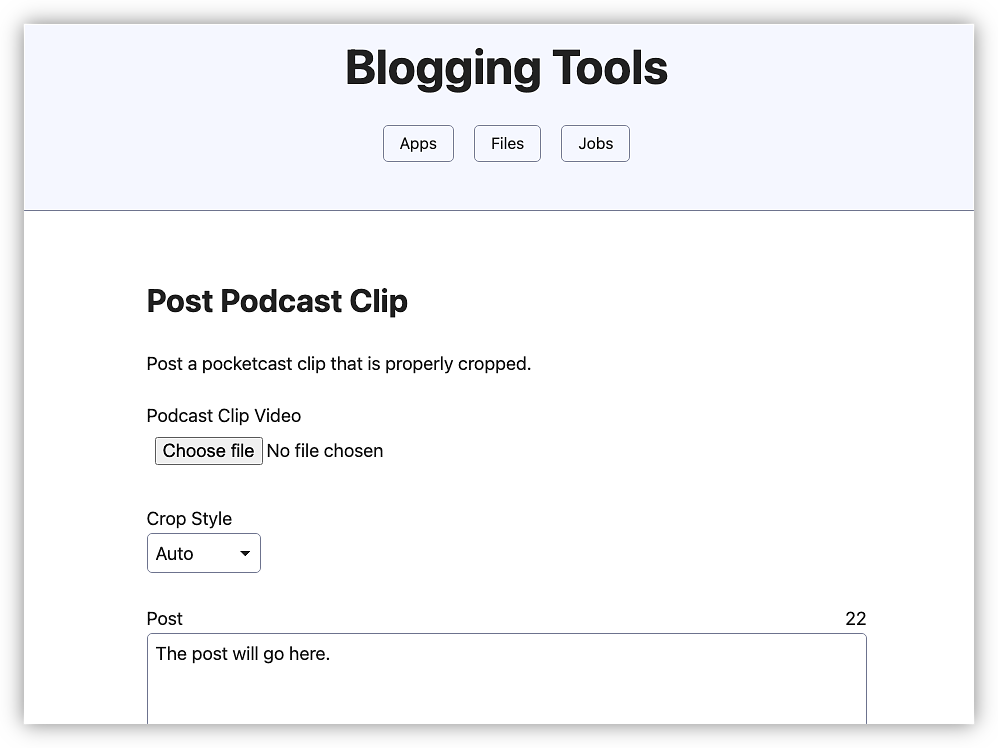 The new "Post Podcast Clip" app in Blogging Tools.