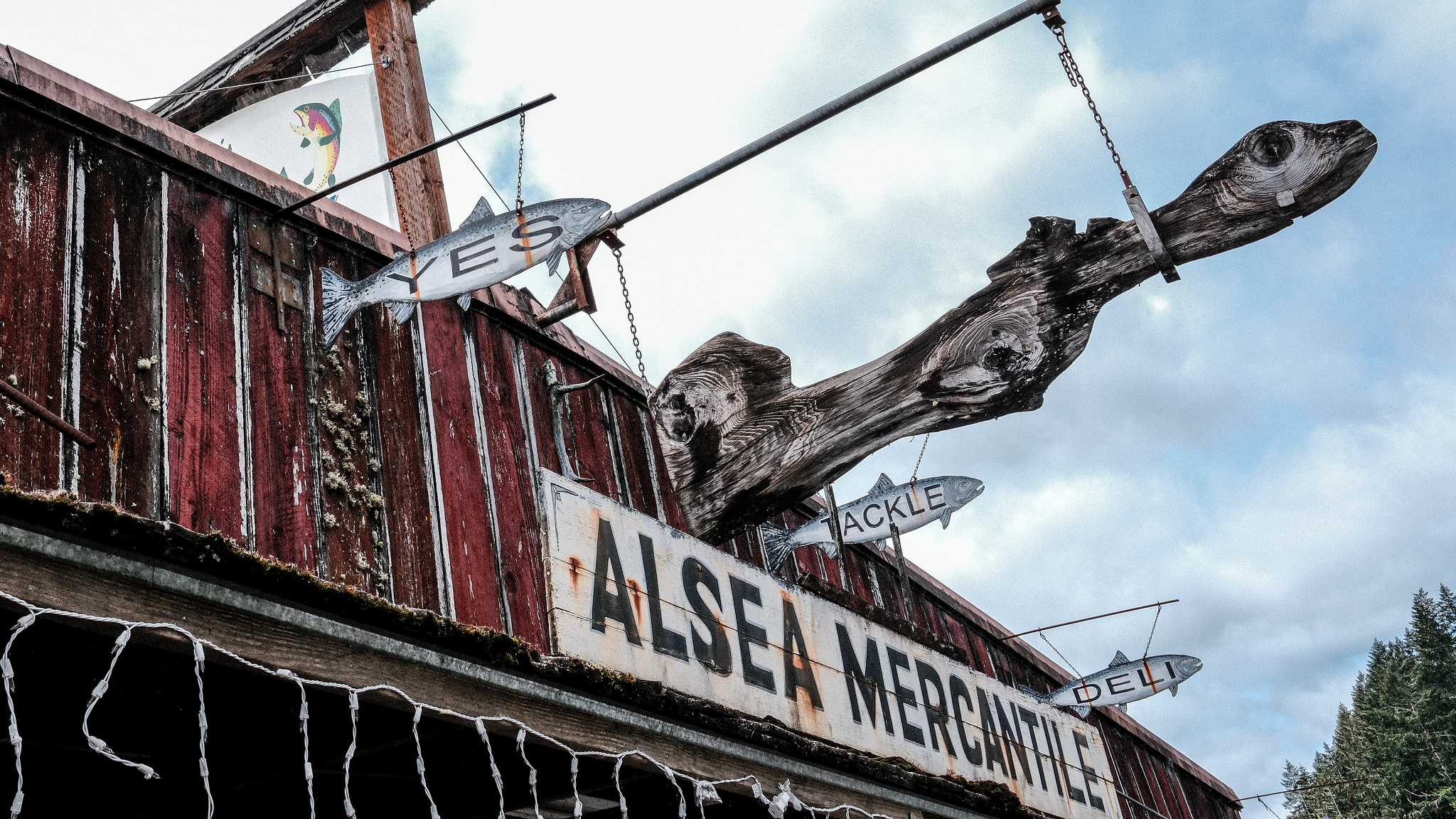 The front of a store with a sign reading "Alsea Mercantile," with fish-shaped signs that read "YES" "TACKLE" and "DELI."