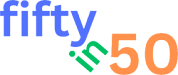 The words "Fifty in 50" as a basic logo.  Fifty in blue.  In is green, at an angle.  50 is Orange