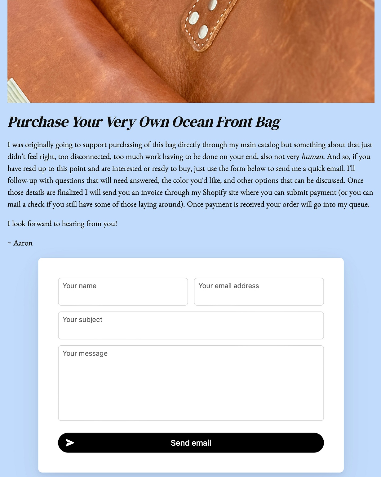 screenshot showing the portion of the ocean front website where I ask for an email to initiate the purchase part of things.