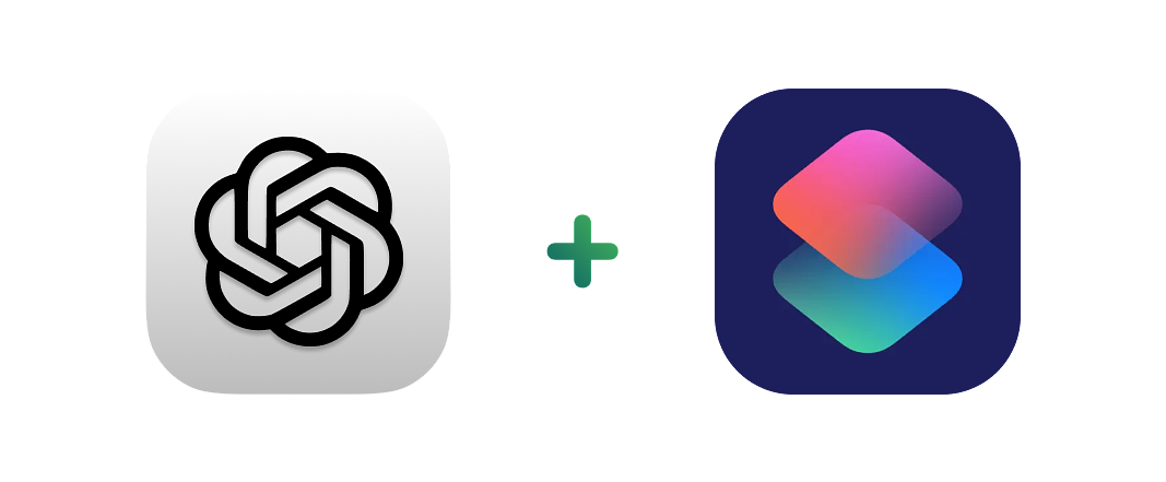 The logo of ChatGPT, a plus sign and the icon for Apple Shortcuts