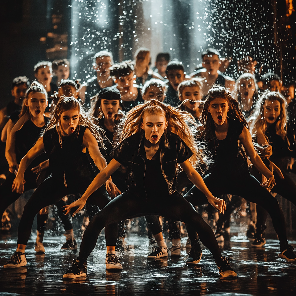 Midjourney prompt: a group of 20 young adults winning a worldwide dance contest
