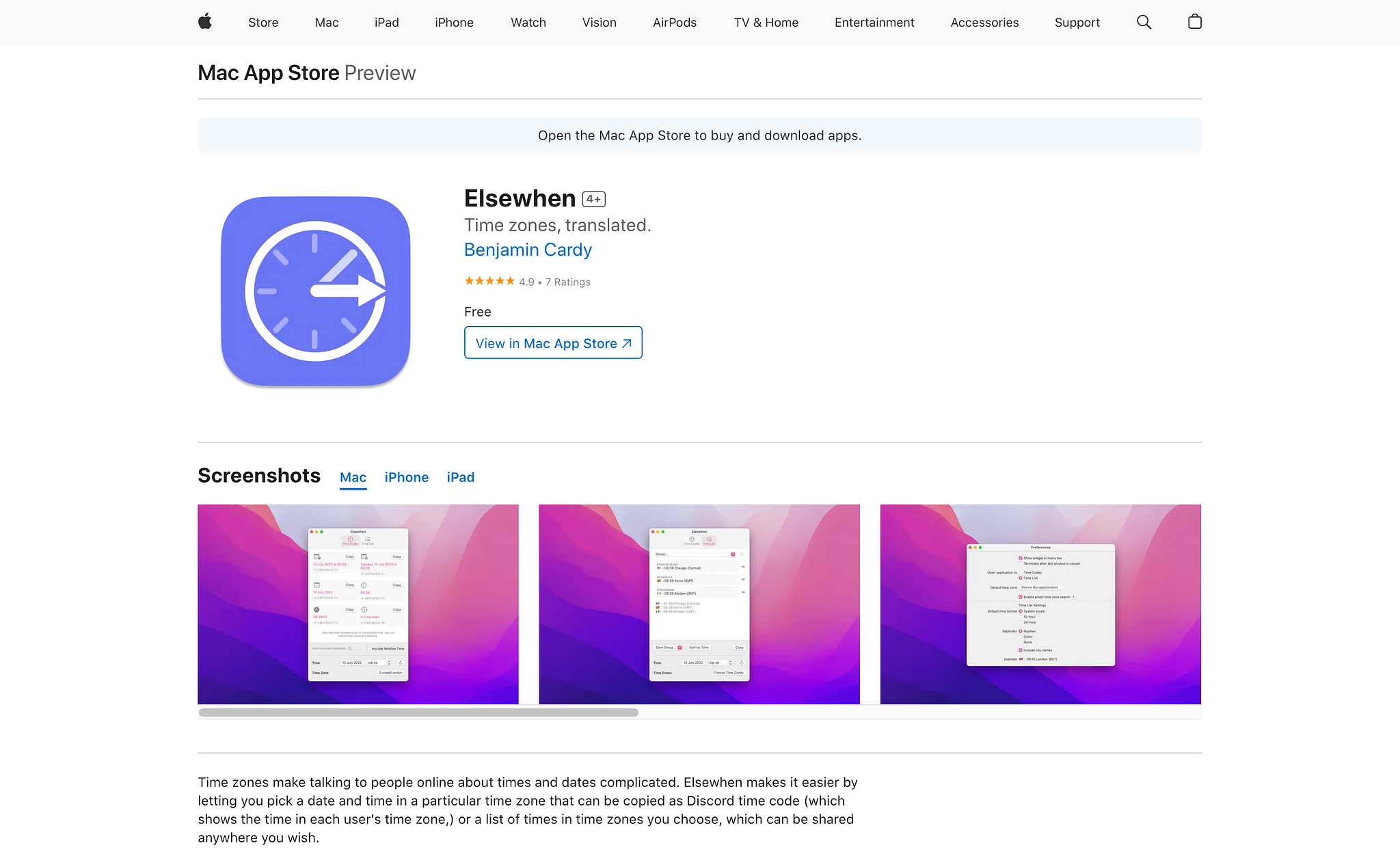 Elsewhen Mac App Store Preview page (2024-06-13)