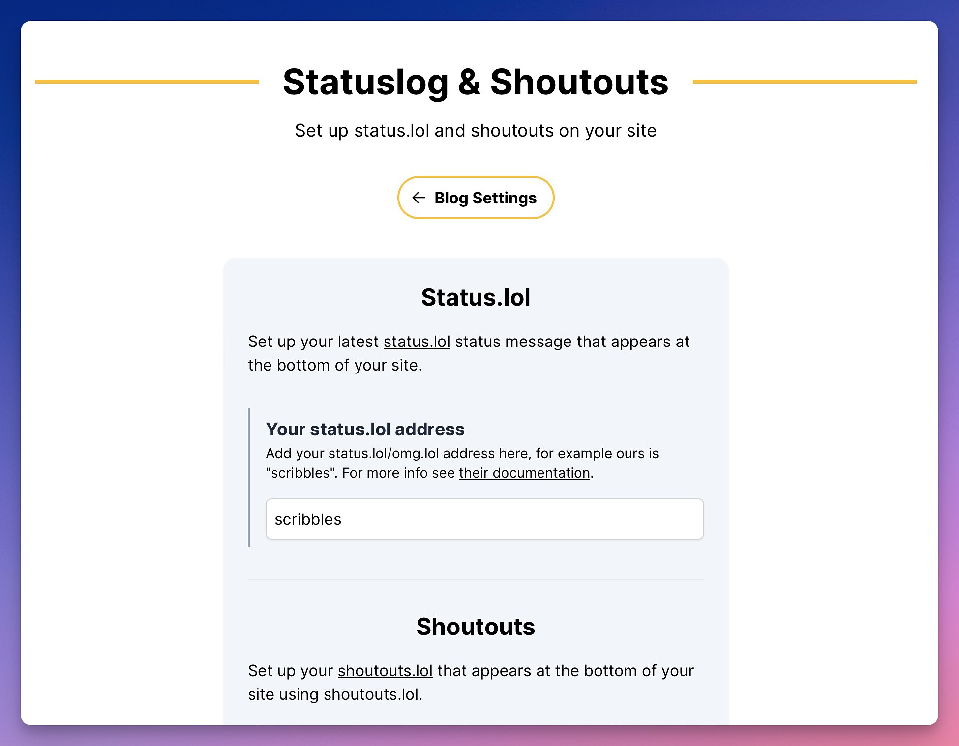 Blog settings page for status.lol and shoutouts.