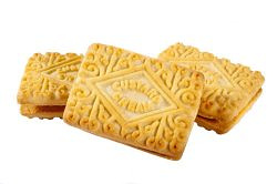 A photo of three custard cream biscuits