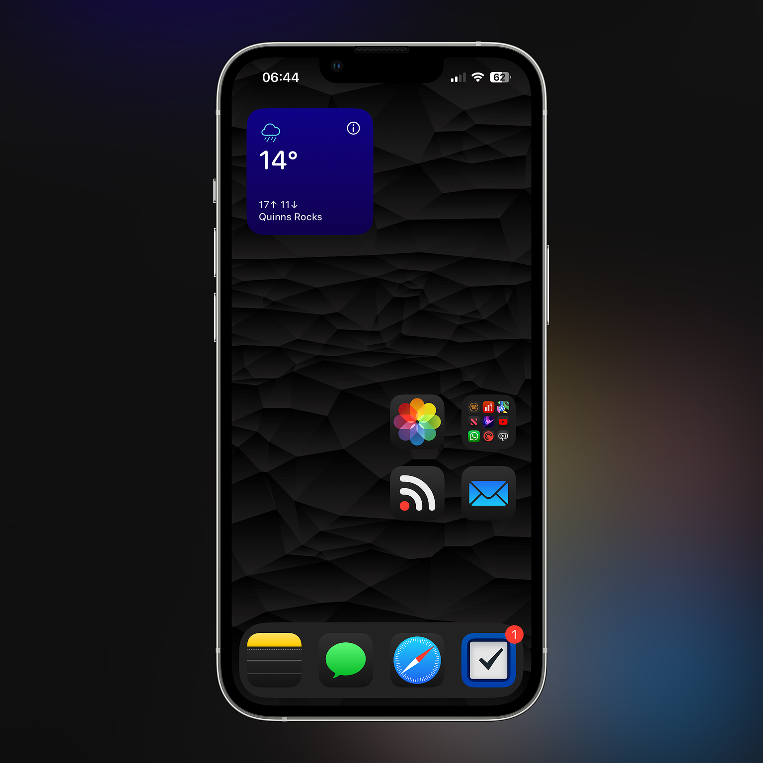 A smartphone displays a customizable home screen with weather info, app icons, and a dark geometric background. The weather widget shows 14°C and “Quinns Rocks,” and the time display reads 06:44.