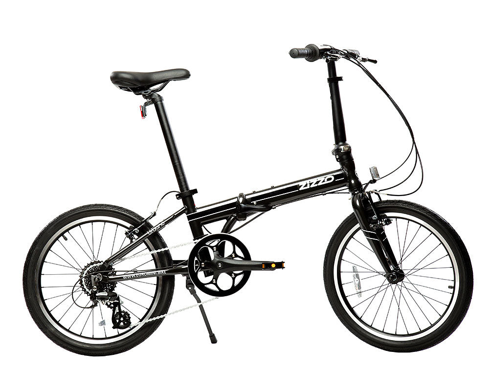 Product photo of a black folding bike. 