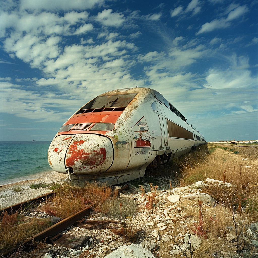 Midjourney prompt: a broken high speed train somewhere in southern France naar the coast