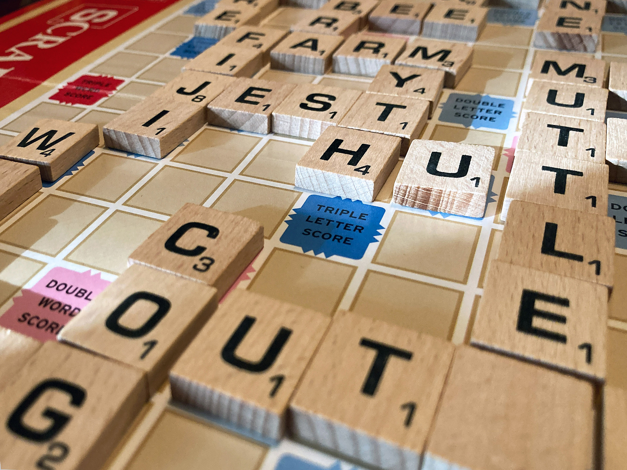 Closeup of Scrabble board. During our stay at Tugaloo State Park, we had plenty of time for board games.