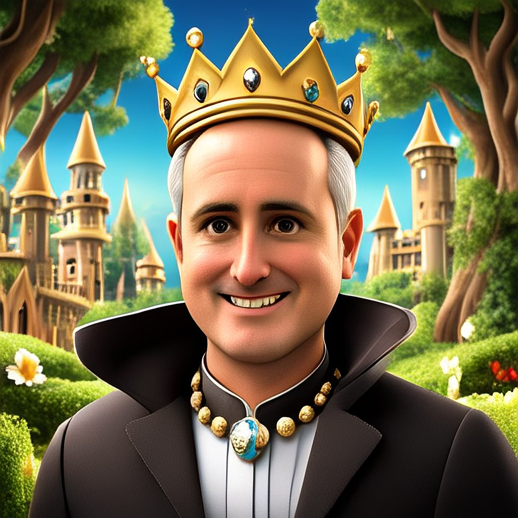 AI generated avatar of a middle aged white man wearing a crown standing in front of fantasy castle towers. 