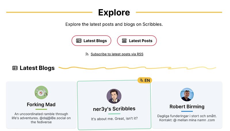 Explore page with Latest Blogs and Latest Posts button, including a subscribe link.