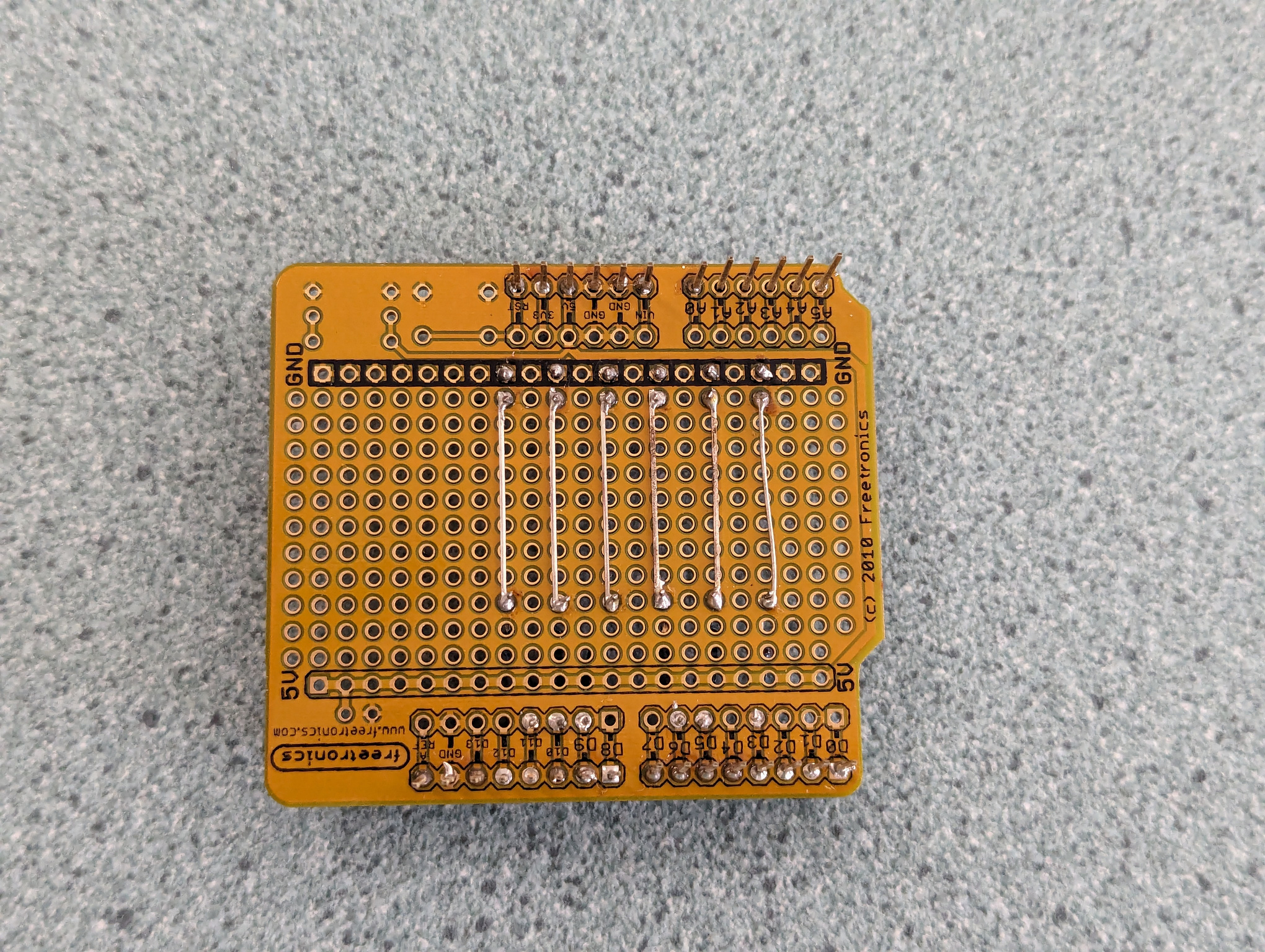 The underside of the shield, show the connection between the resistors and the LEDs.