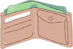 Illustration of an open wallet, with some green paper money sticking out