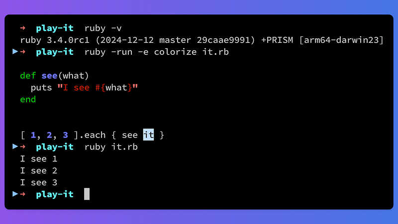 Executing Ruby and using the `it` default block parameter