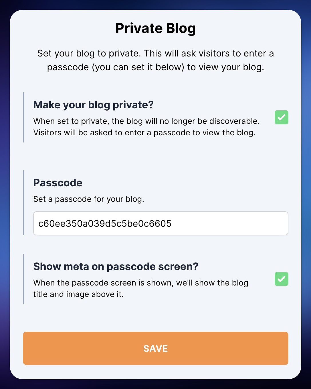 Showing a private blog settings section, with an option to enable it, set a password (With a password shown) and another option to show the blog meta. All items are enabled and there is a Save button at the bottom.