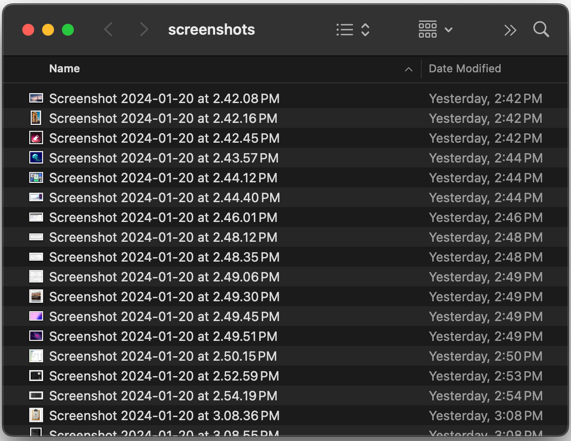 A file manger listing screenshots before they have been renamed