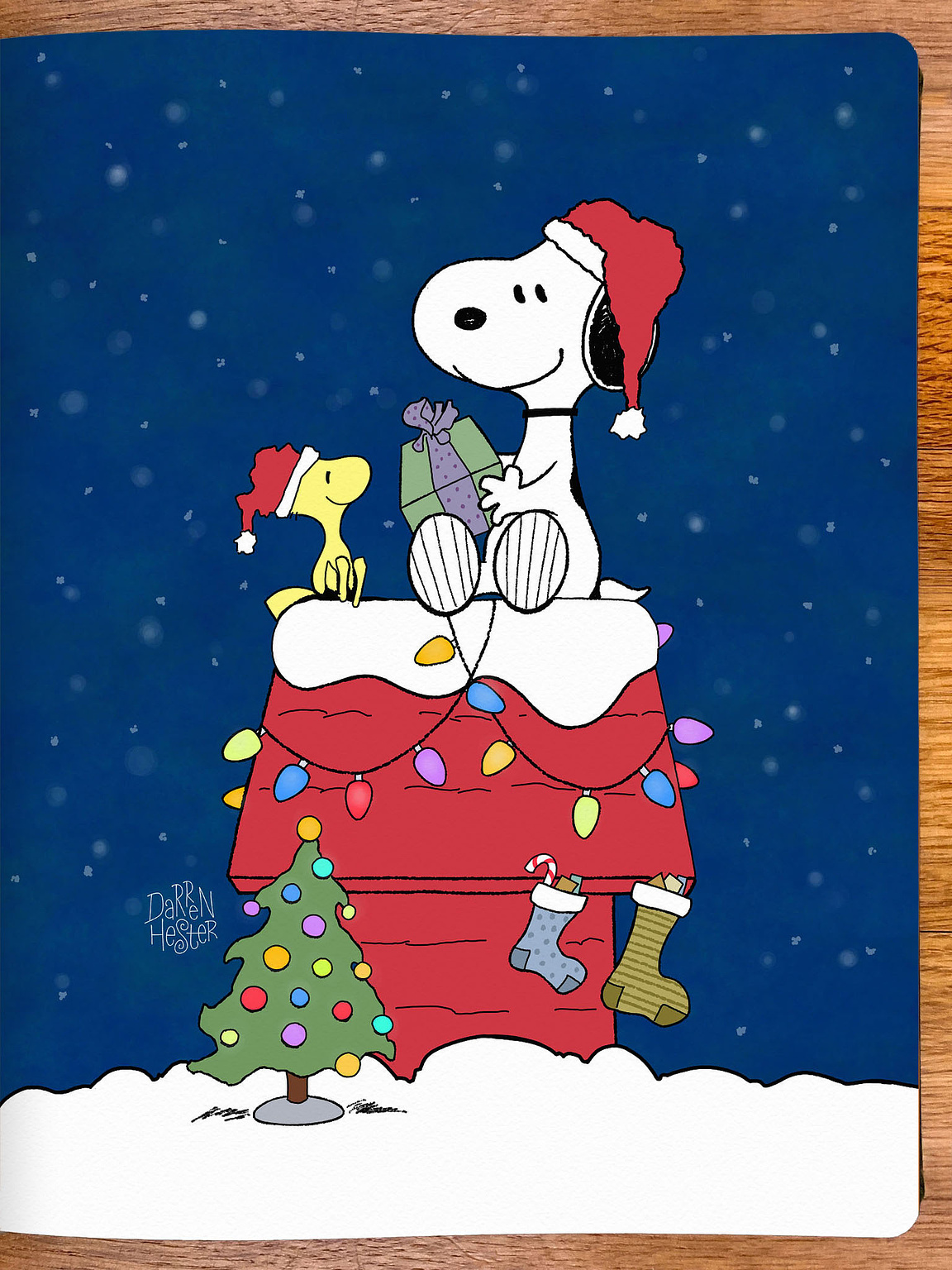 Snoopy giving Woodstock a Christmas gift on top of dog house.