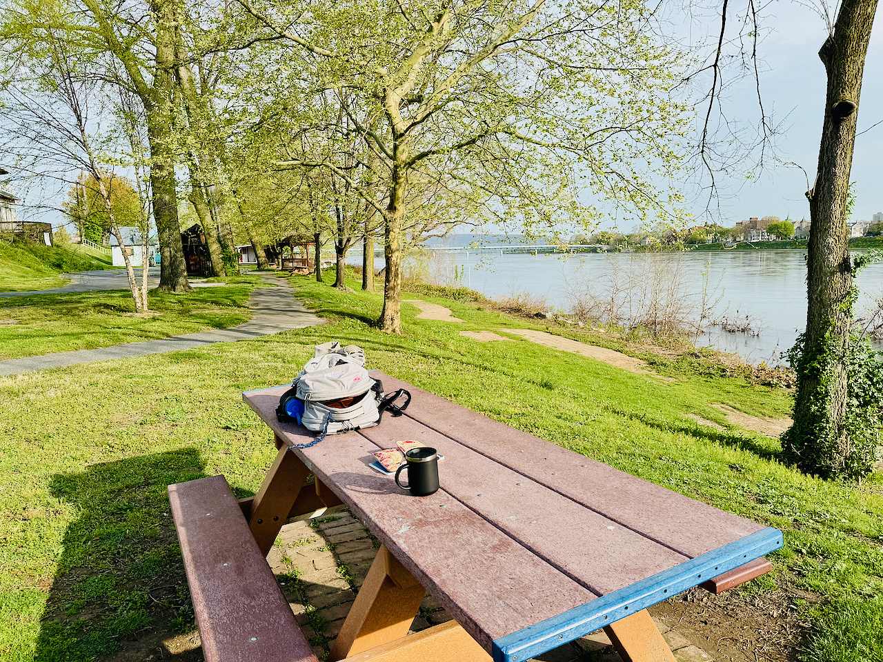 ready to write - park bench at City Island in Harrisburg Pennsylvania