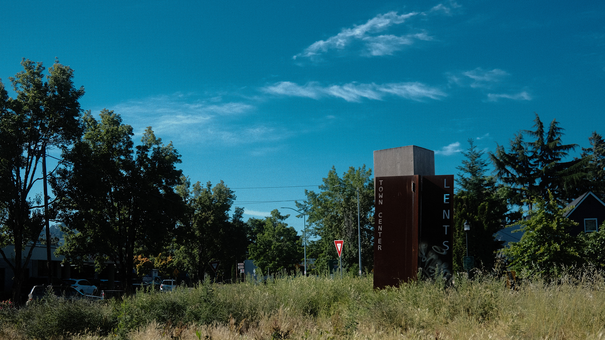 A concrete and steel sculpture in an overgrown median