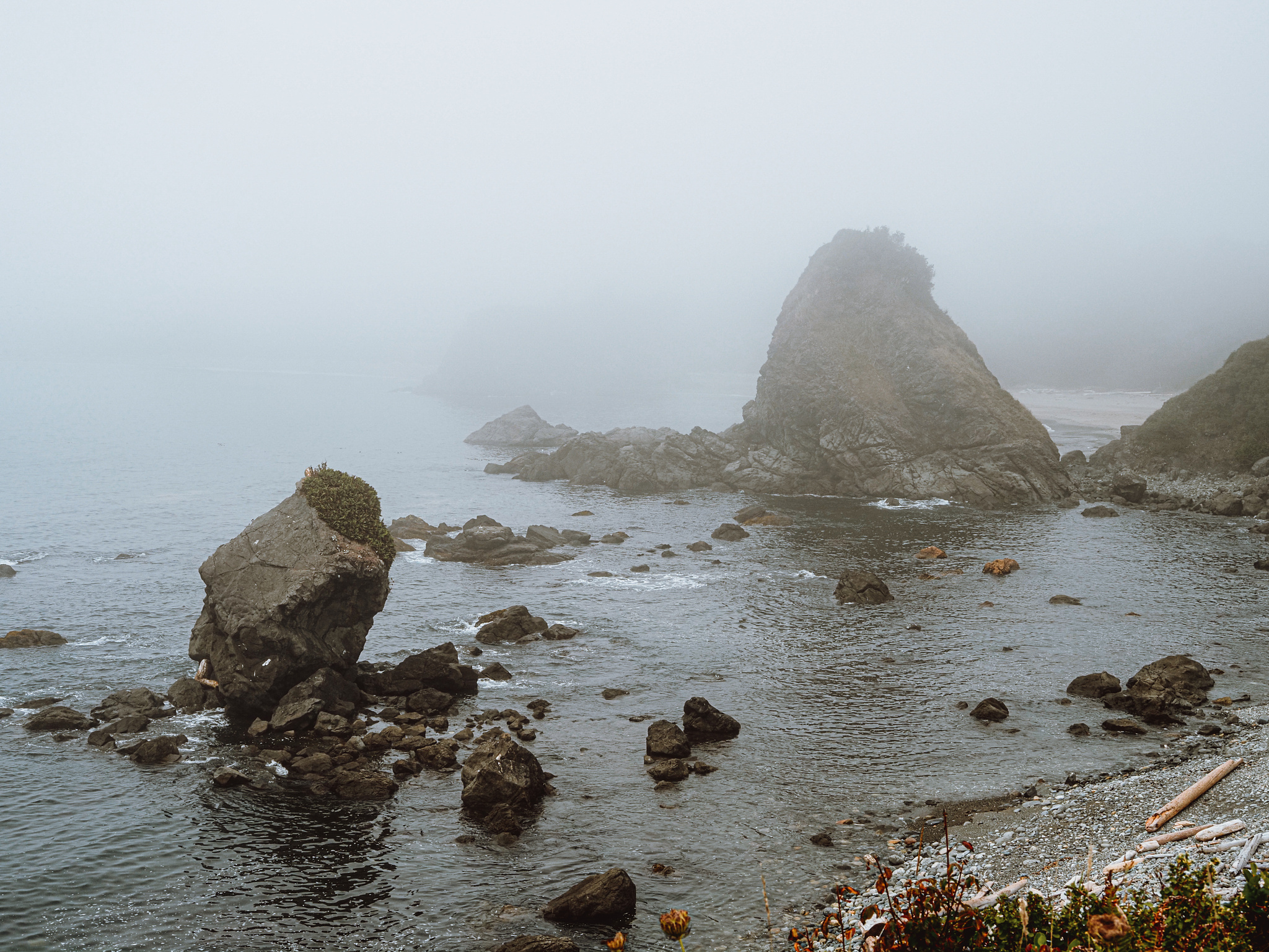 Rocks in the mist in a small ocean inlet