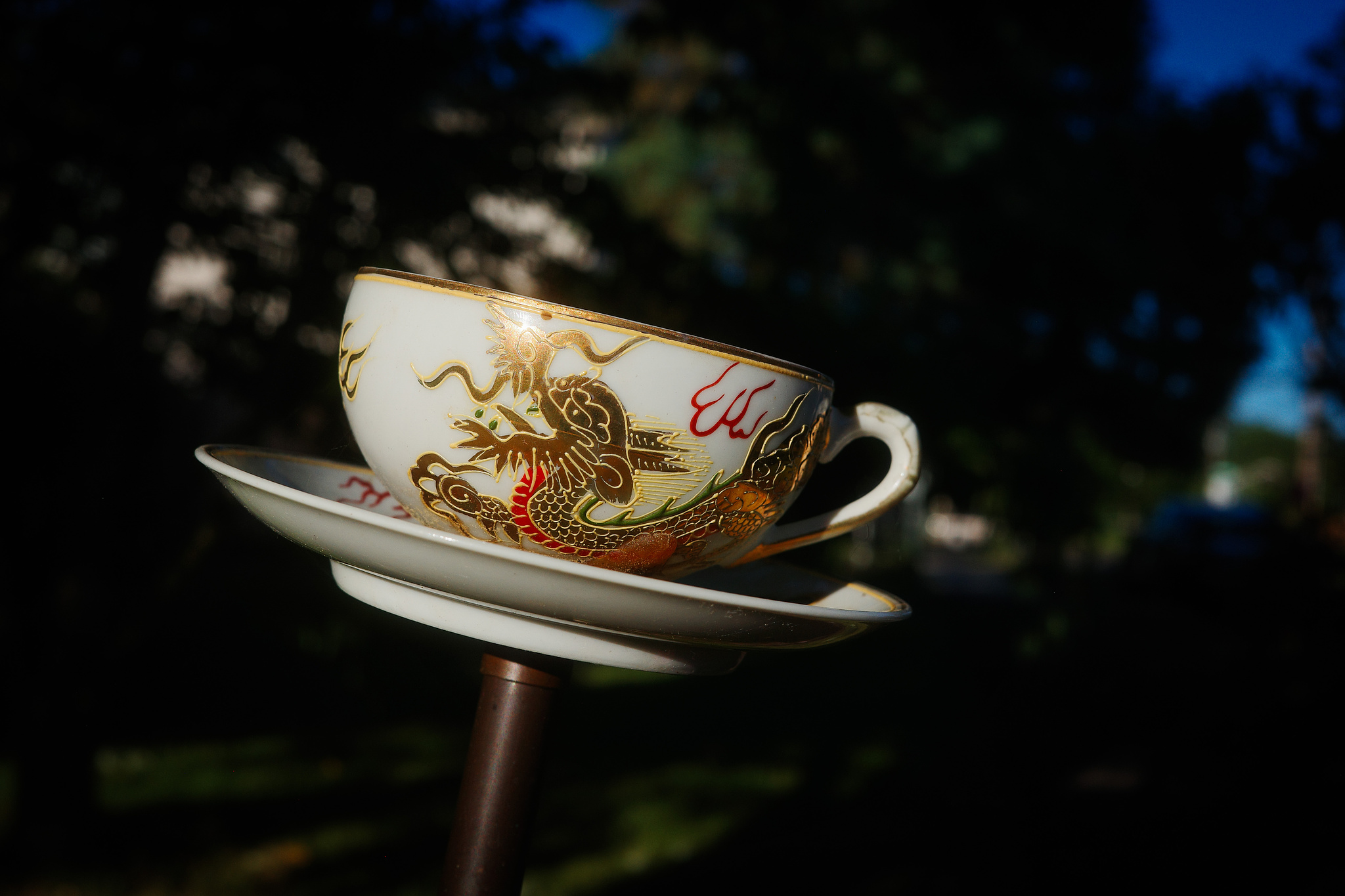 A tea cup and saucer with a dragon pattern mounted on a rod stuck in the ground. 