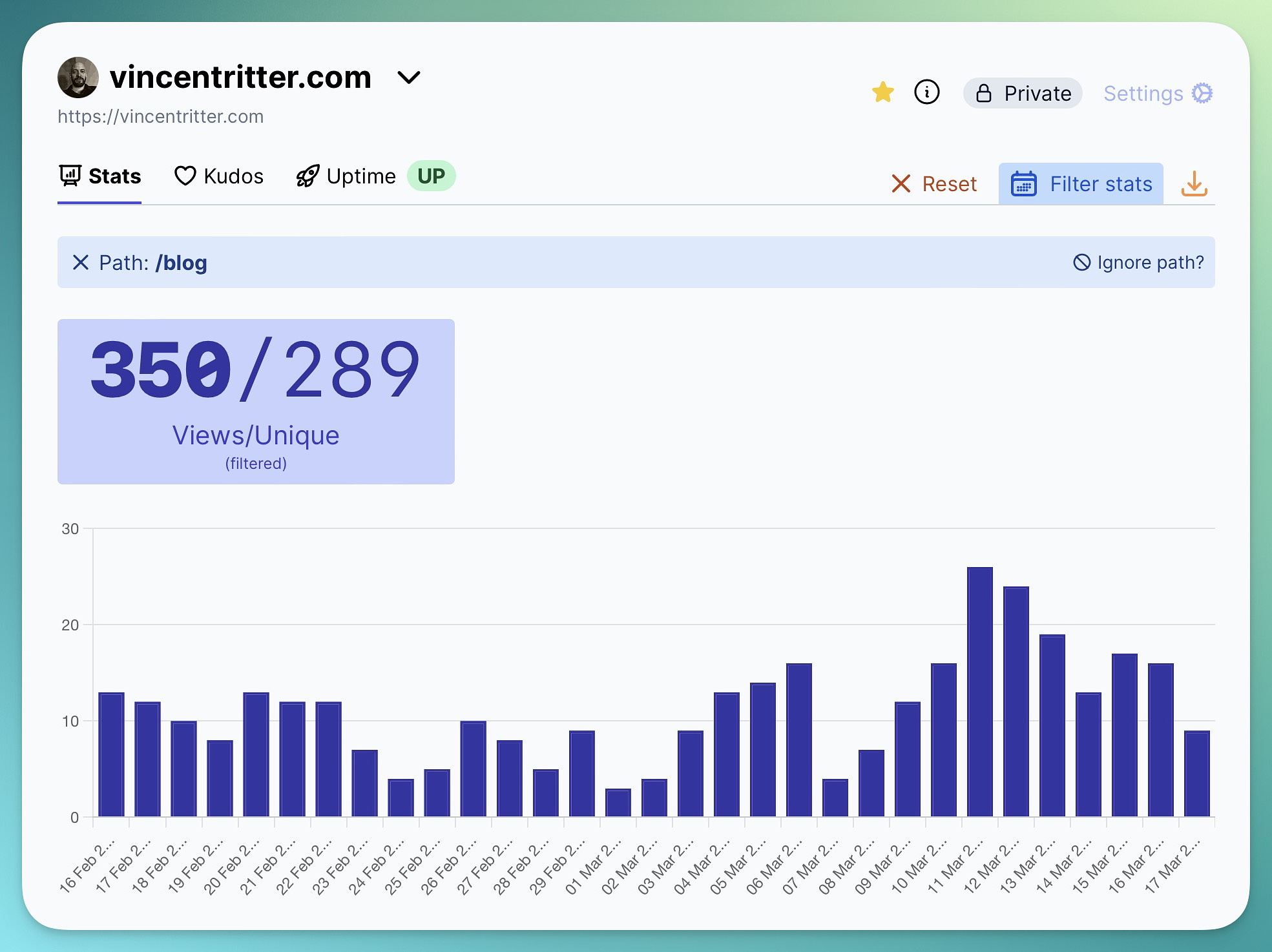 Unique hits shown next to total views. In this example, 350 views and 289 of those were unique.