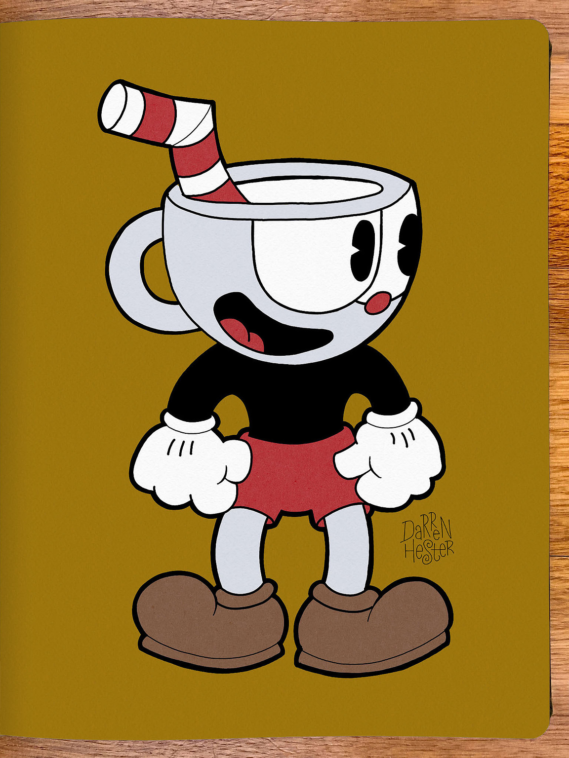 A drawing of Cuphead from the 2017 run and gun game developed and published by Studio MDHR.