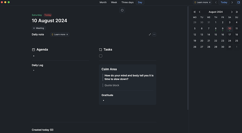 My daily note template in Capacities.io