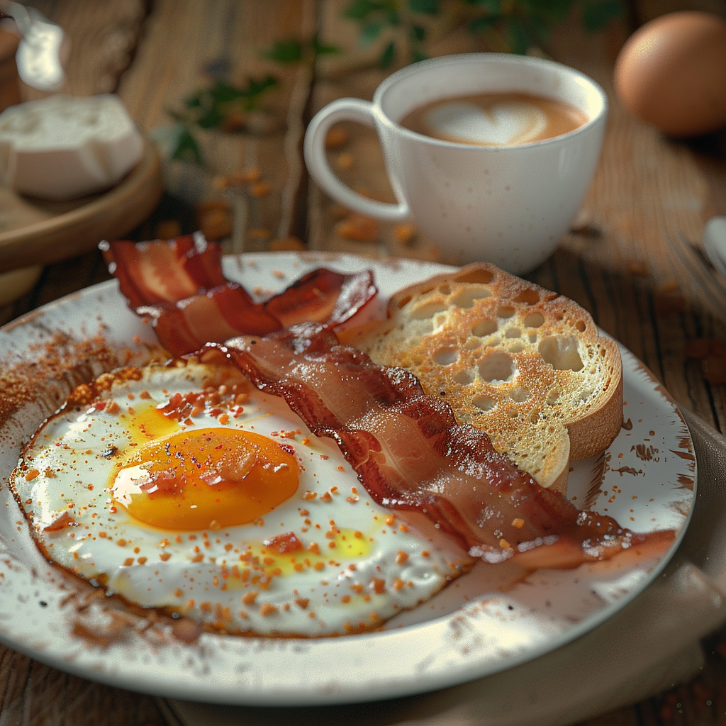 Midjourney prompt: a plate of bacon and eggs with a piece of bread and a cappuccino on the side