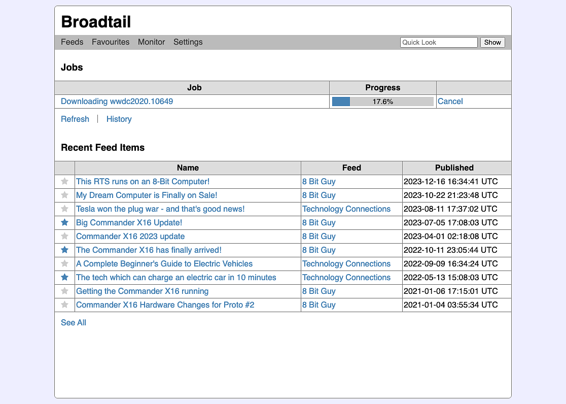 Homepage of the most recent version of Broadtail, with an active download and a couple of favourited items.