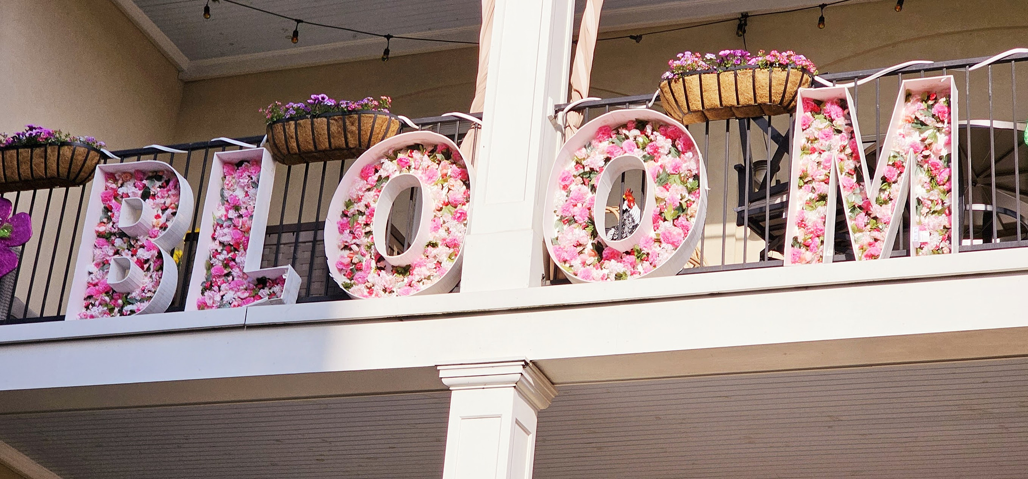 BLOOM sign made from pink and green flowers