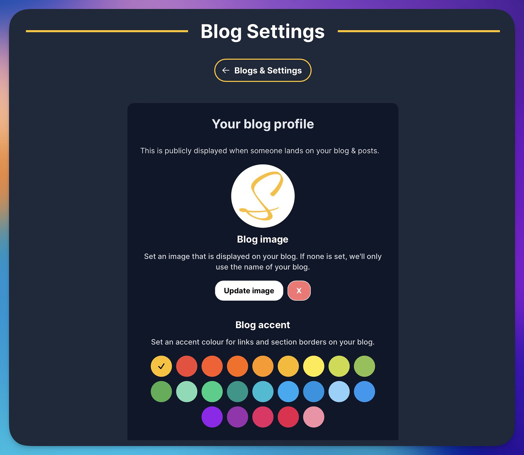 The blog setting screen with the ability to upload a blog image/avatar, set an accent colour and much more.