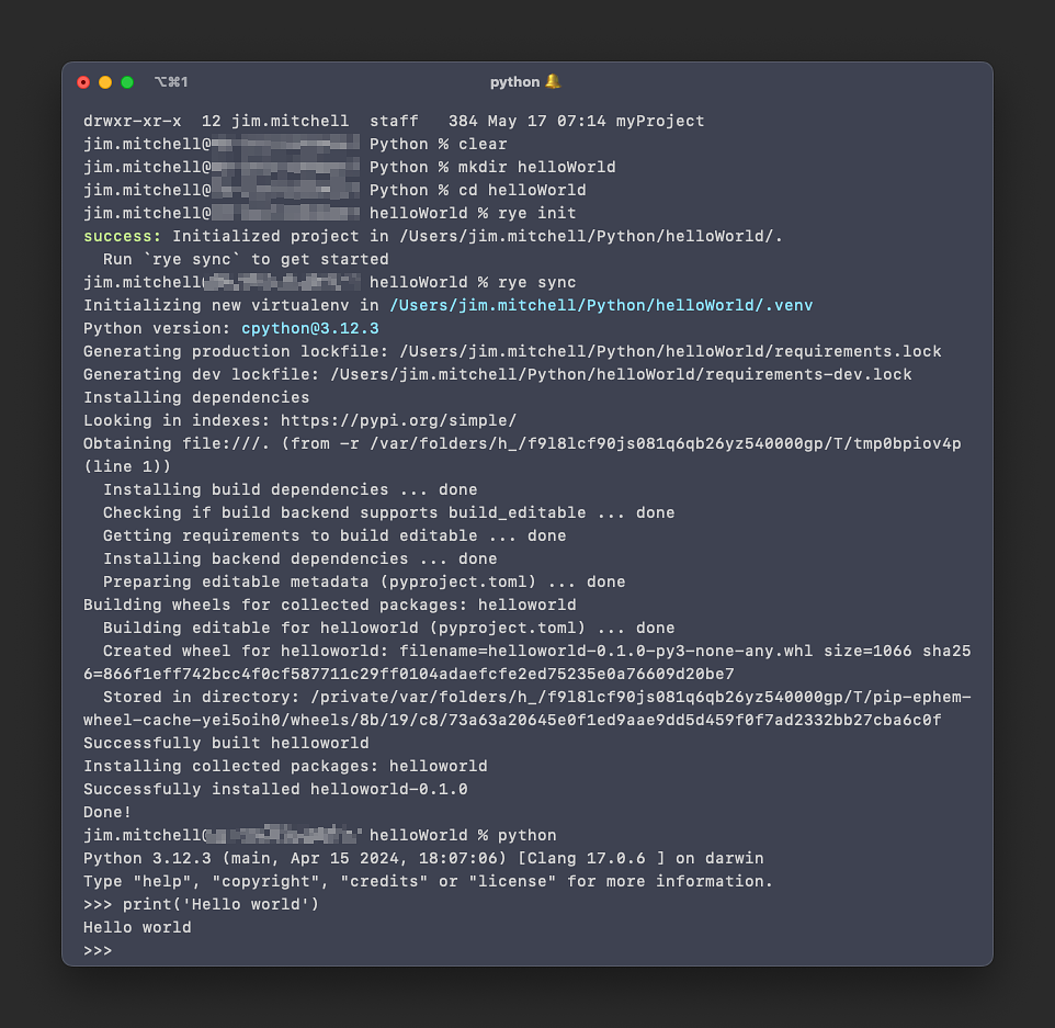 A terminal window depicting the steps needed to run a simple Python 'Hello world' example.