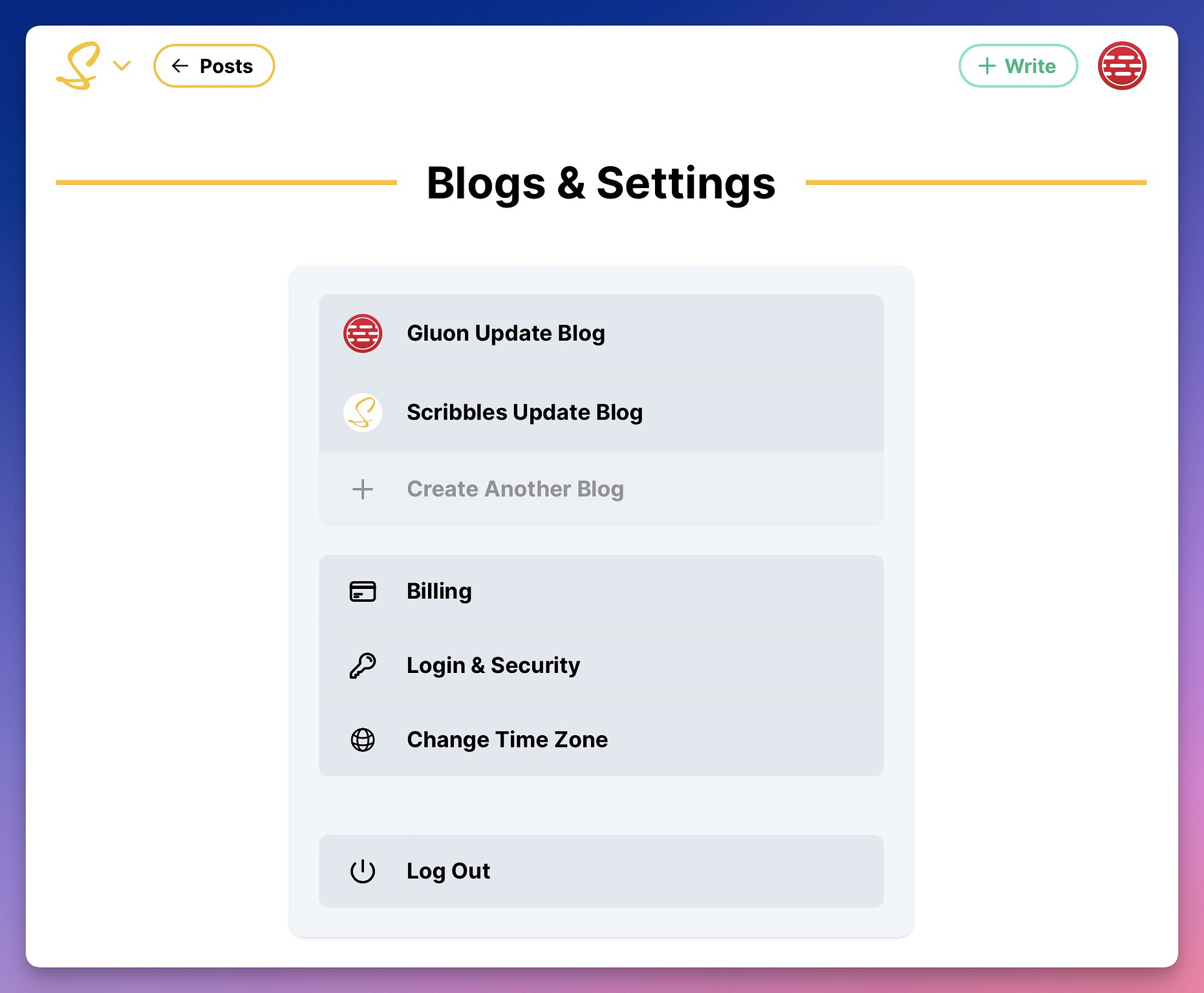 A simple row of options to select a blog or other account related actions.