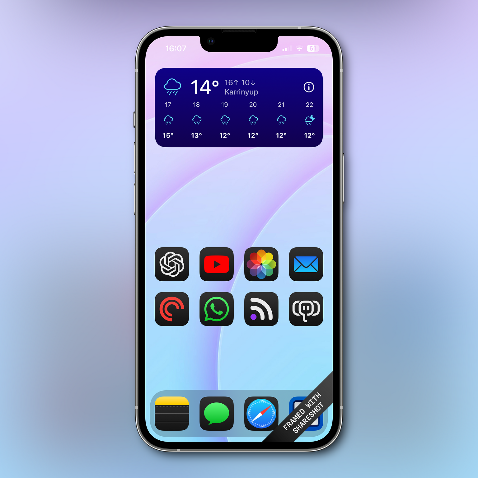 Smartphone displaying a home screen with various app icons, a weather widget showing 14°C and rain forecast, and a "Framed with Shareshot" label on a light purple background.