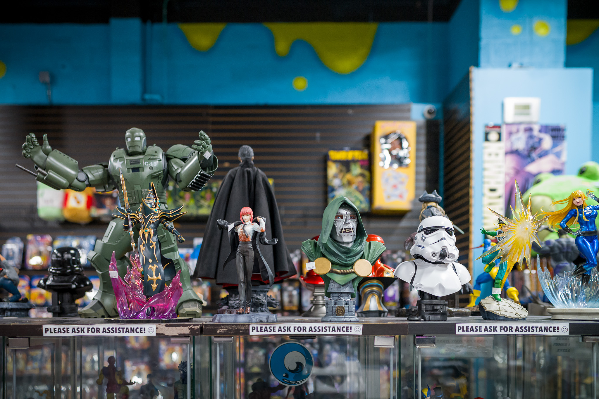 Photo of various comic and fantasty figurines on display