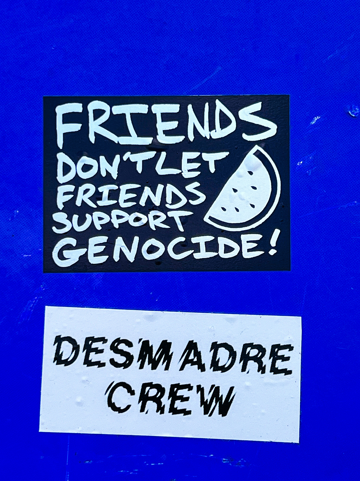 Two stickers with bold, handwritten text on a blue background displaying the messages "FRIENDS DON'T LET FRIENDS SUPPORT GENOCIDE!" and "DESMADRE CREW" below it.