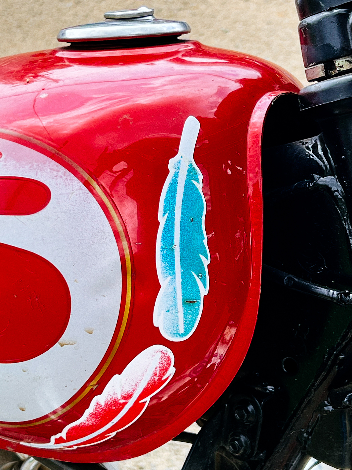 Feather stickers on a motorcycle's gas tank. 