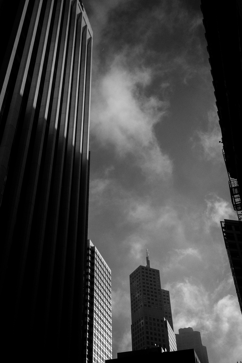 Monochrome mist and clouds and shadows on skyscrapers. 